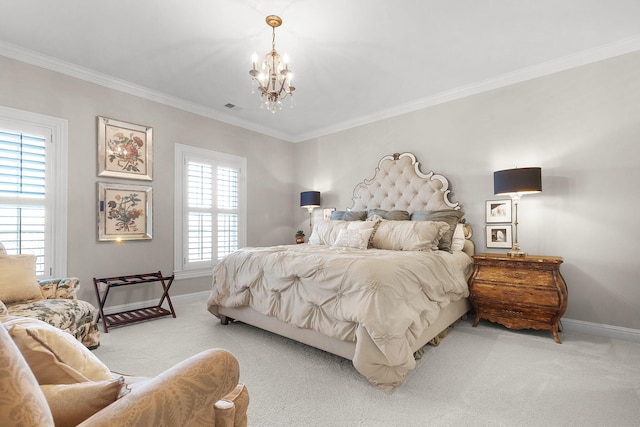 bedroom with visible vents, crown molding, baseboards, light carpet, and an inviting chandelier