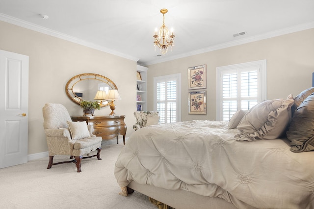 bedroom featuring visible vents, baseboards, a chandelier, ornamental molding, and light carpet