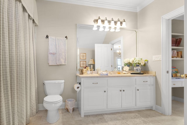 full bathroom with tile patterned floors, toilet, crown molding, baseboards, and vanity