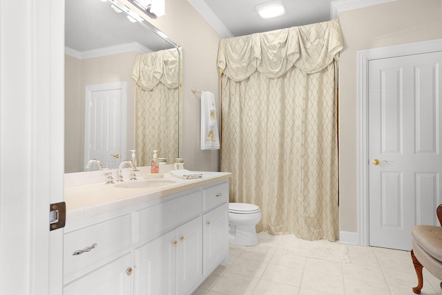 full bathroom with vanity, tile patterned floors, toilet, and ornamental molding