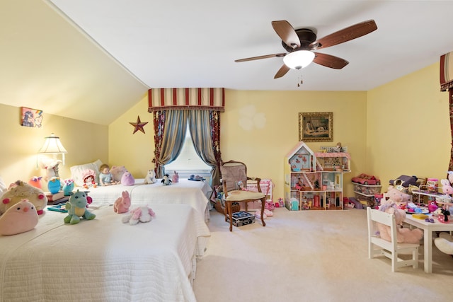 carpeted bedroom featuring ceiling fan and lofted ceiling