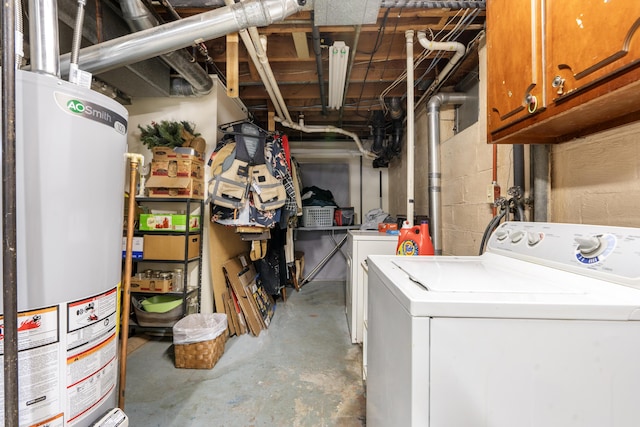 basement with water heater and washer and clothes dryer