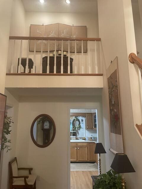 interior space featuring wood-type flooring and a towering ceiling