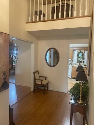 corridor featuring dark wood-type flooring and a high ceiling