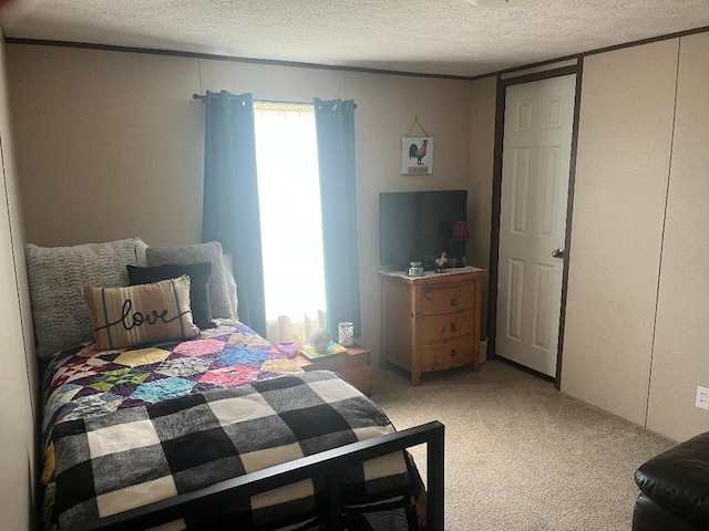 bedroom with carpet floors and a textured ceiling