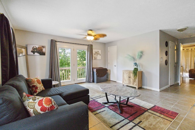 bedroom with tile patterned flooring and ceiling fan