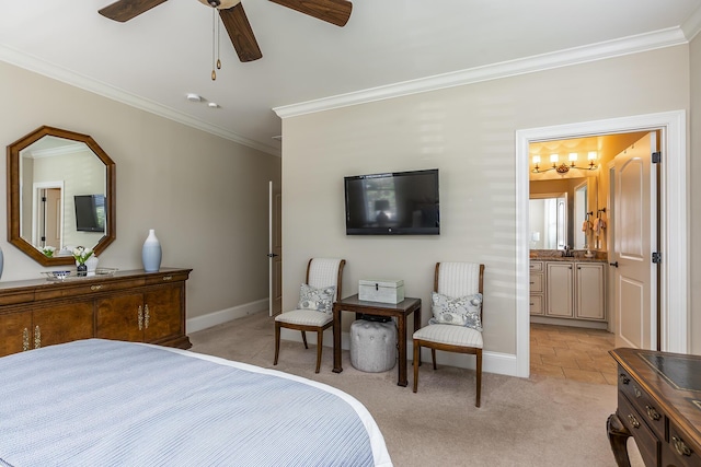 bedroom with ceiling fan with notable chandelier, ornamental molding, light carpet, and ensuite bath