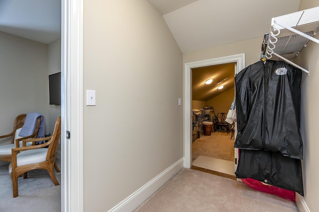 spacious closet with light carpet and lofted ceiling