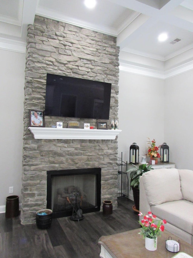 living area featuring ornamental molding, wood finished floors, and a stone fireplace