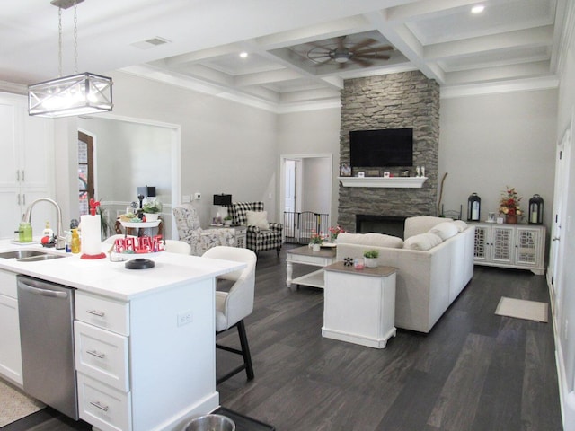 kitchen featuring a ceiling fan, stainless steel dishwasher, open floor plan, and a sink