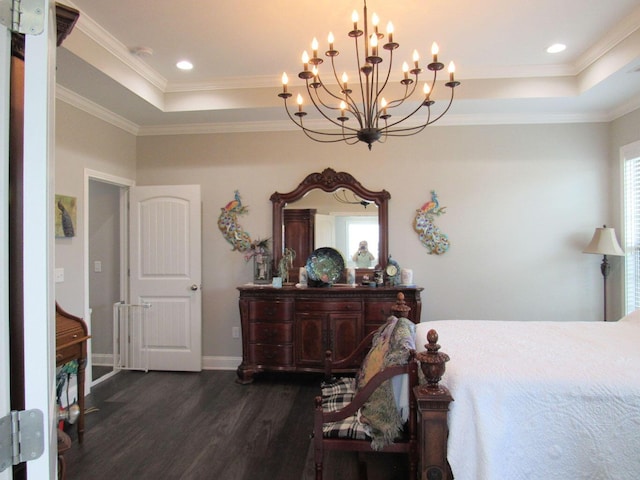bedroom with an inviting chandelier, dark wood-type flooring, multiple windows, and a raised ceiling