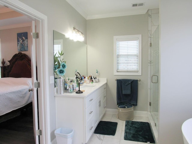 ensuite bathroom with ornamental molding, ensuite bath, visible vents, a shower stall, and vanity