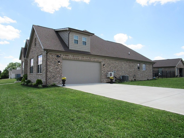 view of property exterior featuring a lawn, central air condition unit, brick siding, and driveway