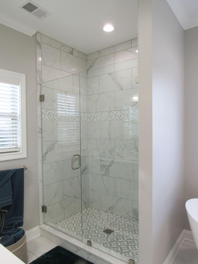 full bathroom with baseboards, a shower stall, visible vents, and recessed lighting
