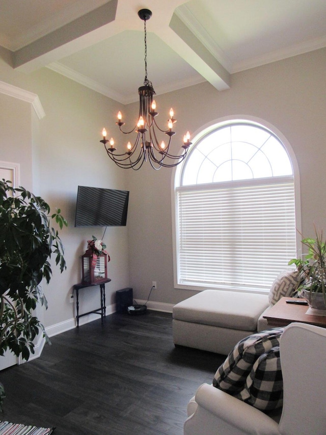 living area featuring baseboards, dark wood-style flooring, an inviting chandelier, and beam ceiling