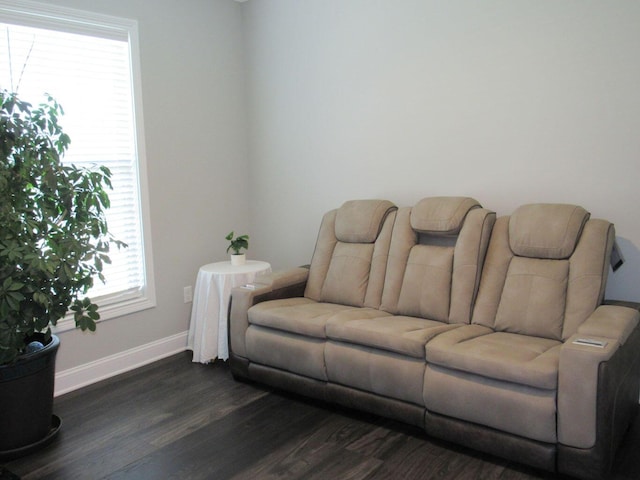 living area with baseboards and dark wood-type flooring