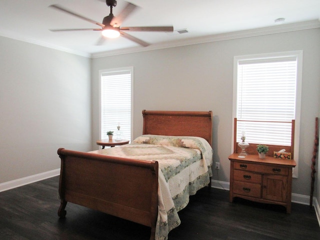 bedroom with a ceiling fan, dark wood-style flooring, baseboards, and ornamental molding