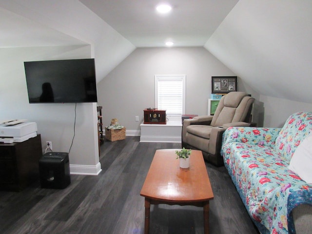 living area with lofted ceiling, baseboards, and dark wood-style floors