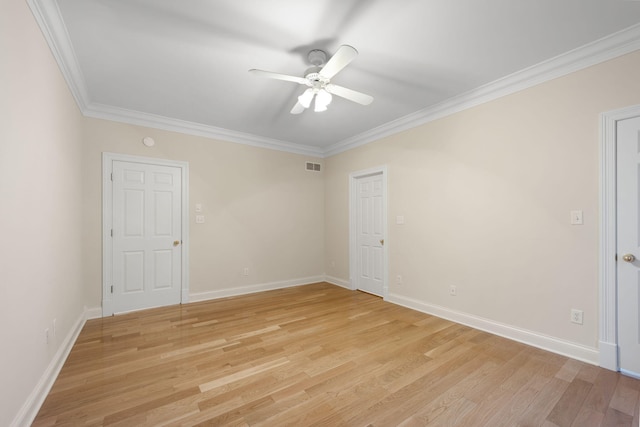 unfurnished room featuring light hardwood / wood-style flooring, ceiling fan, and ornamental molding