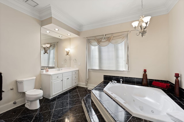 bathroom with vanity, toilet, ornamental molding, and tiled tub