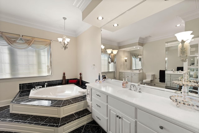 bathroom with a relaxing tiled tub, a chandelier, toilet, vanity, and ornamental molding