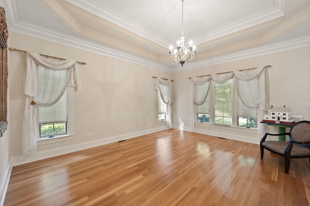 unfurnished room with a raised ceiling, crown molding, and plenty of natural light