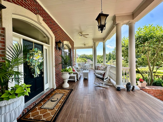 view of terrace featuring a porch and ceiling fan