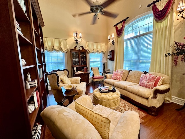 living room featuring a wealth of natural light, hardwood / wood-style floors, and ceiling fan