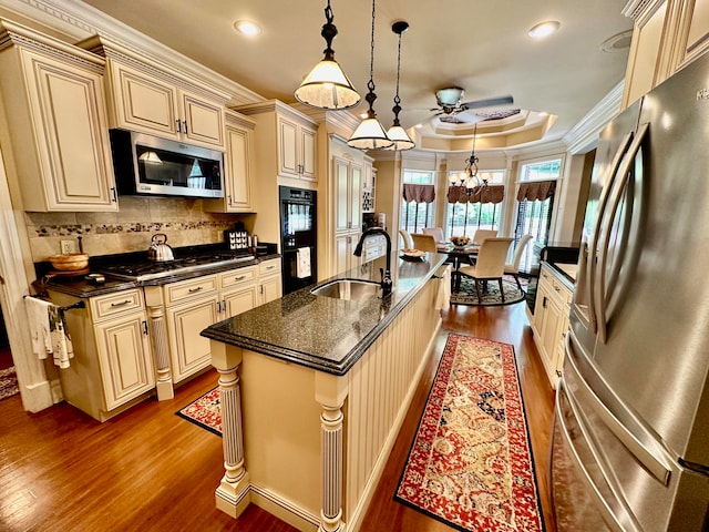 kitchen featuring appliances with stainless steel finishes, sink, a tray ceiling, and cream cabinets