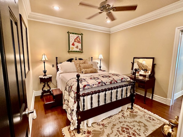 bedroom with dark wood-type flooring, ceiling fan, and crown molding