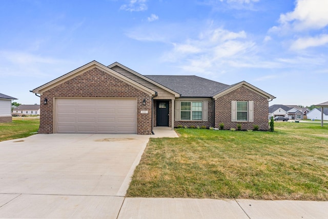 ranch-style home with brick siding, a shingled roof, concrete driveway, a front yard, and a garage