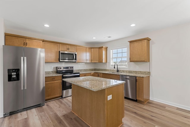 kitchen with a center island, stainless steel appliances, tasteful backsplash, light wood-style flooring, and a sink