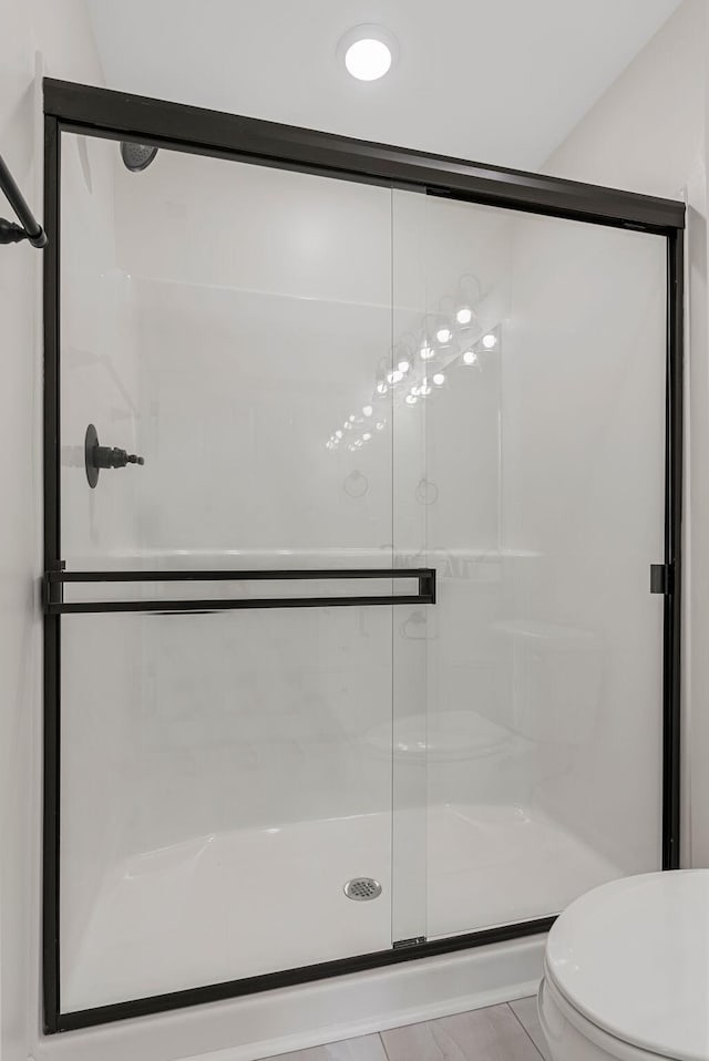 full bathroom featuring a shower stall and toilet