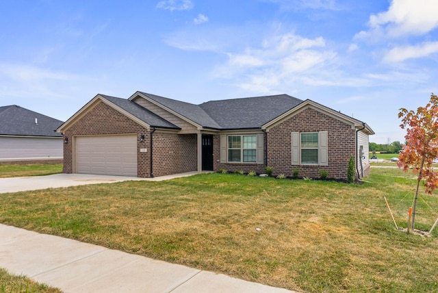 single story home featuring an attached garage, a front lawn, concrete driveway, and brick siding