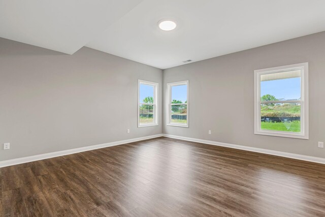 unfurnished room featuring a wealth of natural light and dark wood-type flooring