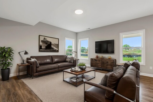 living room with dark hardwood / wood-style floors