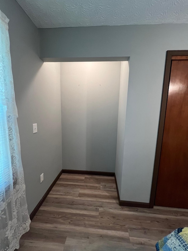 interior space with wood-type flooring and a textured ceiling