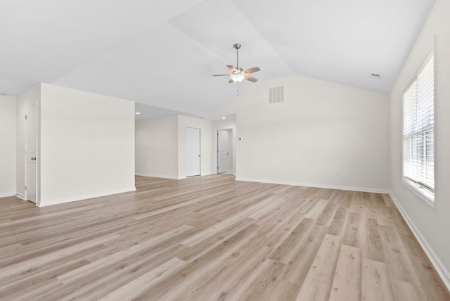 unfurnished living room with ceiling fan, light hardwood / wood-style flooring, and lofted ceiling