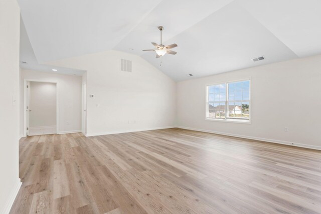 unfurnished living room with ceiling fan, light wood-type flooring, and lofted ceiling