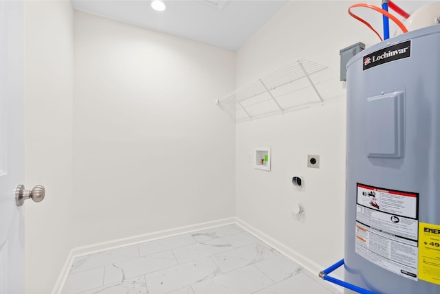 washroom featuring electric water heater, light tile patterned flooring, hookup for an electric dryer, and washer hookup