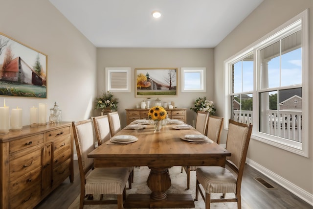 dining area featuring dark wood-type flooring