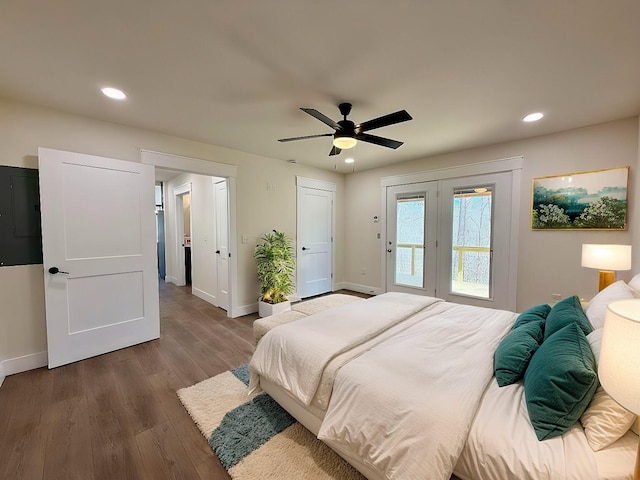 bedroom with dark wood-style flooring, recessed lighting, a ceiling fan, access to outside, and baseboards