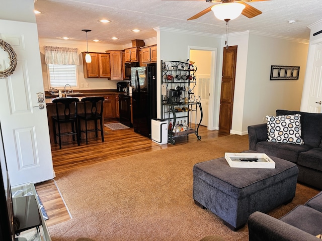 living room featuring hardwood / wood-style floors, sink, ceiling fan, ornamental molding, and a textured ceiling