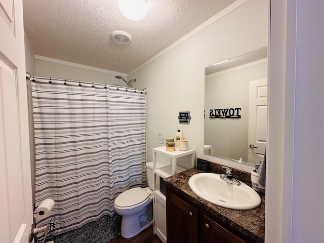 bathroom featuring walk in shower, crown molding, a textured ceiling, toilet, and vanity