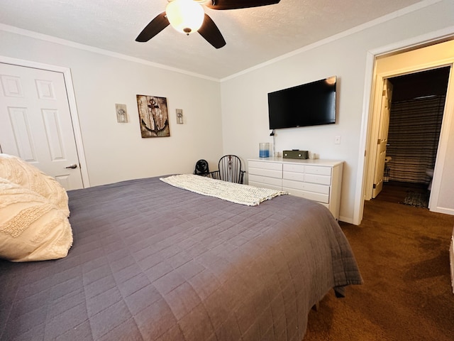 bedroom with ceiling fan, crown molding, a textured ceiling, a closet, and dark carpet