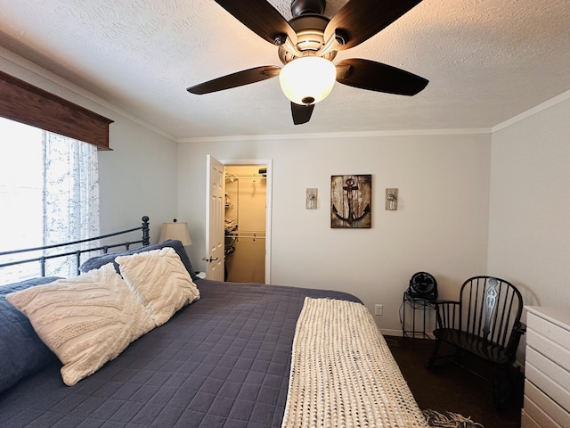 bedroom with a walk in closet, a closet, ceiling fan, and ornamental molding