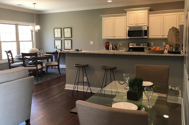 kitchen with dark hardwood / wood-style flooring, white cabinets, pendant lighting, and appliances with stainless steel finishes