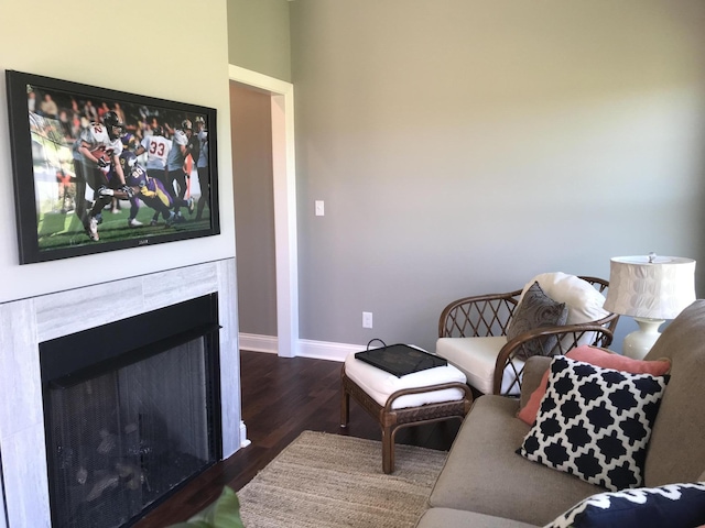 living area featuring dark hardwood / wood-style flooring and a fireplace