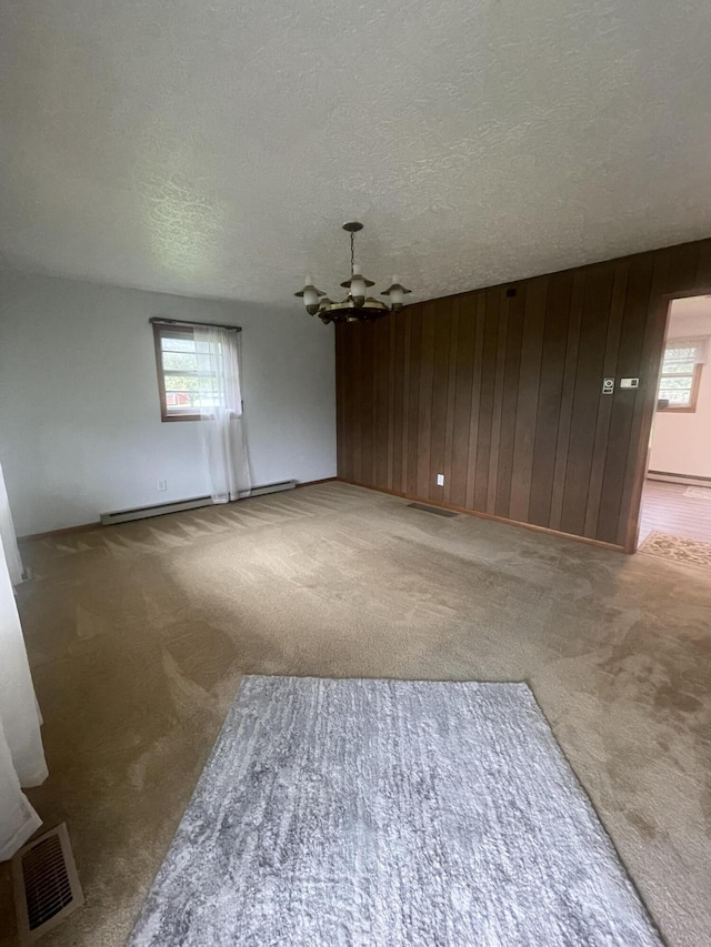 spare room featuring carpet flooring, wood walls, a healthy amount of sunlight, and a textured ceiling