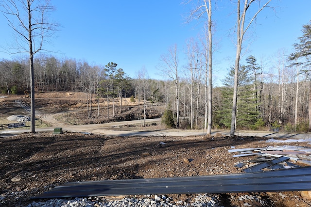 view of yard featuring a forest view